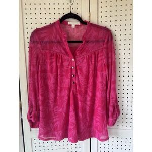 Juniper + Lime Sheer 3/4 SLV Floral Hot Pink Vneck Button Blouse Small